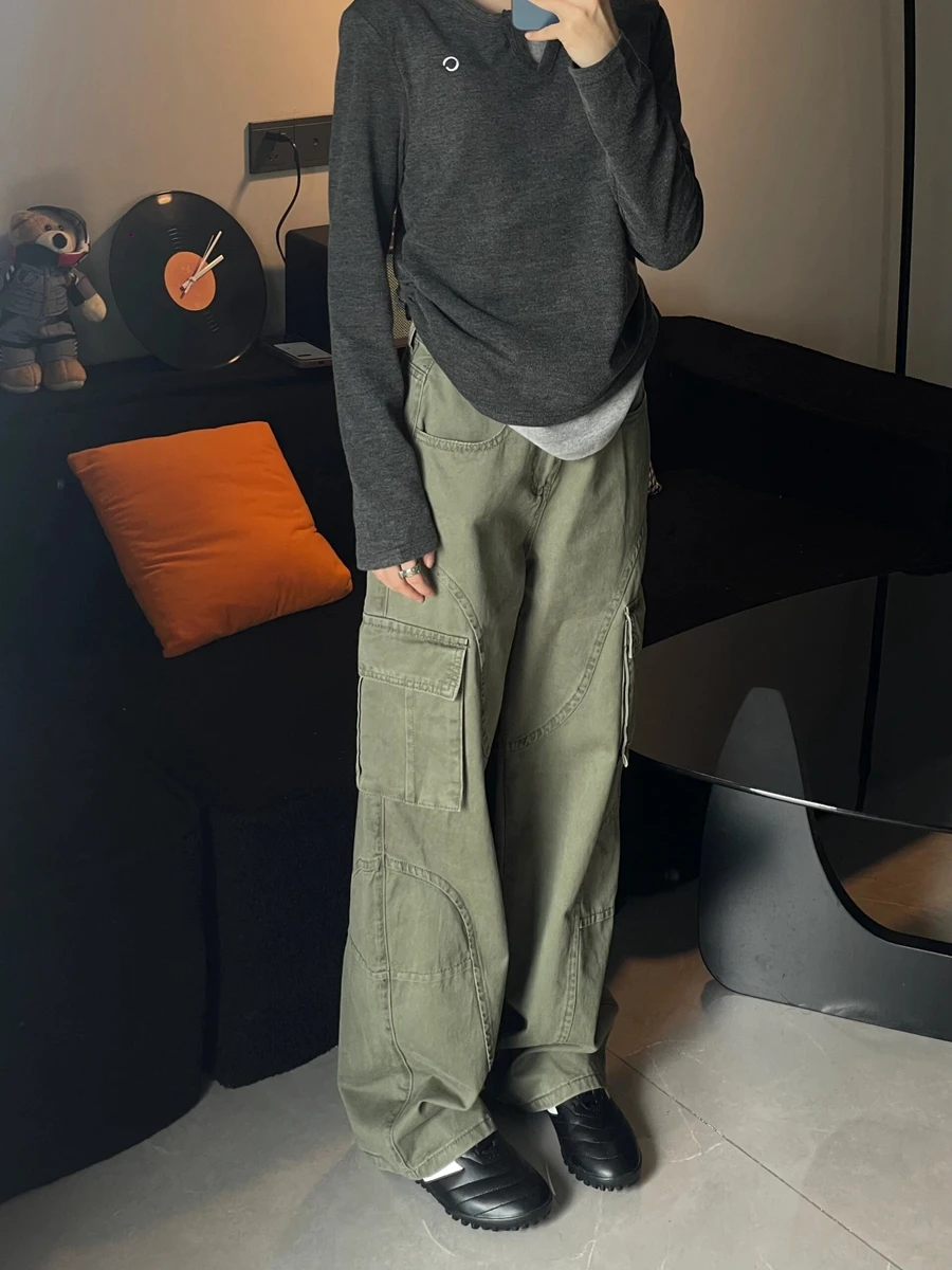 بنطلونات عمل عسكرية خضراء كبيرة الحجم من American High Street للنساء فضفاضة وواسعة الساق جينز غير رسمي بخصر عالٍ وقصة مستقيمة