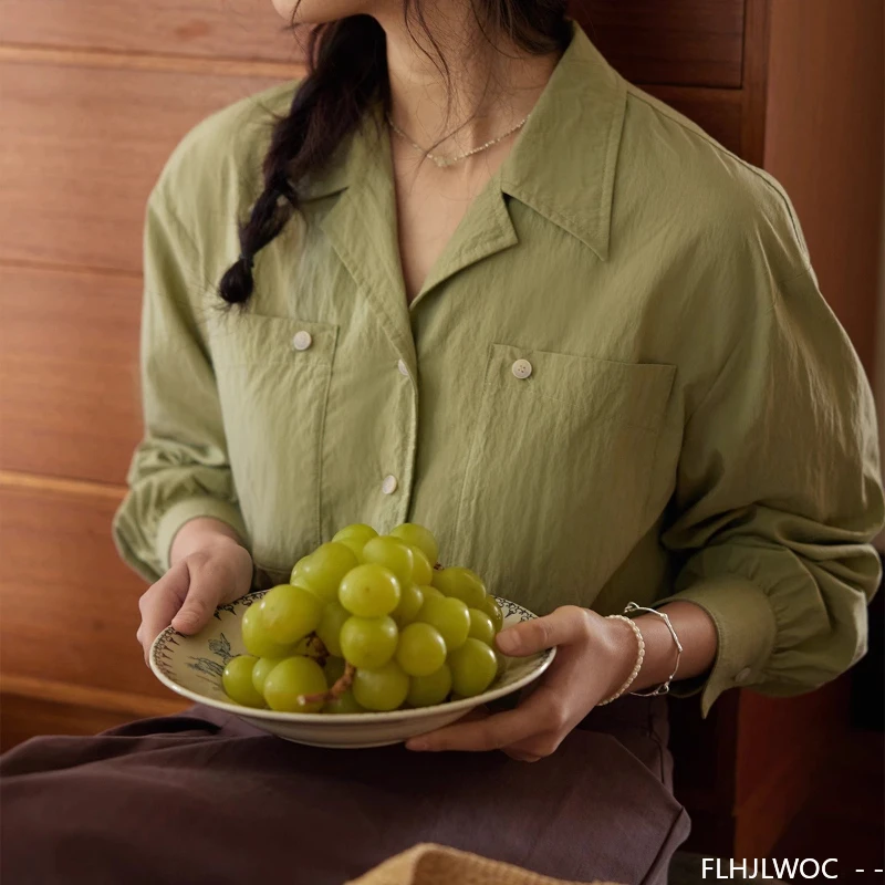 Mélanges de coton hauts chemisiers nouvelle mode Design français femmes à manches longues bureau dame bases violet vert rétro Vintage chemises