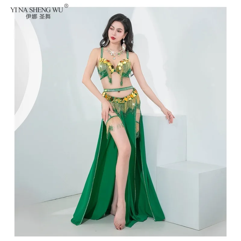 Girls Oriental Egyptian BellyDance Stage Performance Group Competition Outfit Shiny Square Sequins Bra Skirt Thigh Bands Costume