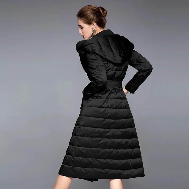 Luxo de alta qualidade acolchoado engrossar quente jaqueta feminina inverno novo cordão meados de comprimento pato branco para baixo jaqueta das mulheres