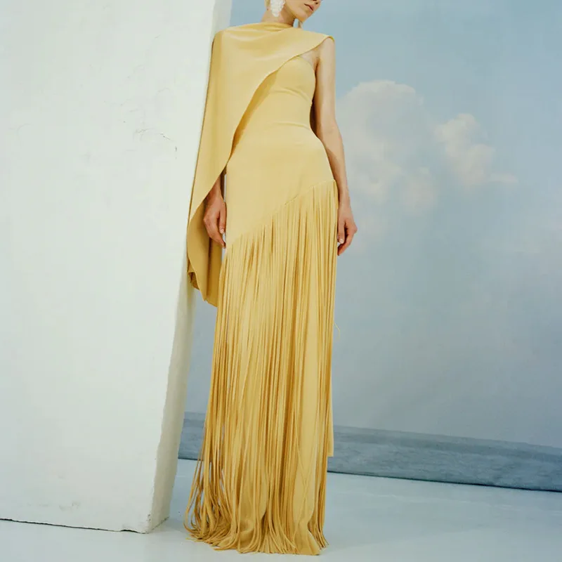 Damen Frühjahr/Herbst 2026 Neue Mode Einfarbiges Figurbetontes Schal-Stil Quastenrock Langes Kleid Vestidos De Mujer – Detail 5