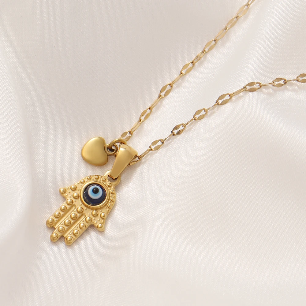 Trend Colorful Devil's Eye Beads Necklace For Women Stainless Steel Lip Chain With Fatima Hand Pendant Choker Jewelry Wholesale image 2