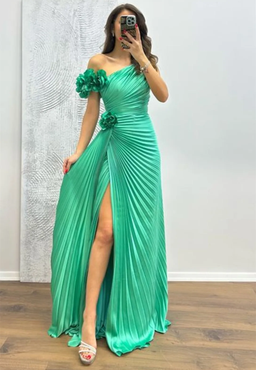

Customized Long One Shoulder Evening Dresses with Flowers/Slit Chiffon Pleated Floor Length فساتين سهرة Prom Dress for Women