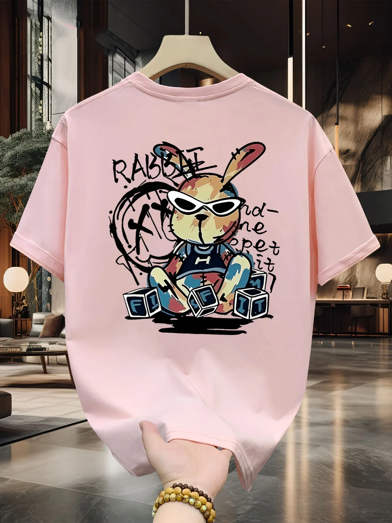 T-shirt à manches courtes pour hommes, 100% pur coton, imprimé dessin animé de lapin, décontracté, ample, surdimensionné