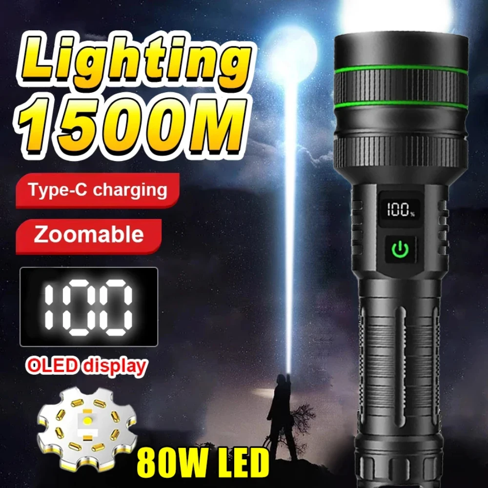 Ultra Bright 10000000 Lumen White Laser Flashlight With 26650 Battery Zoom Tactical Torch With Power Display Emergency Lantern