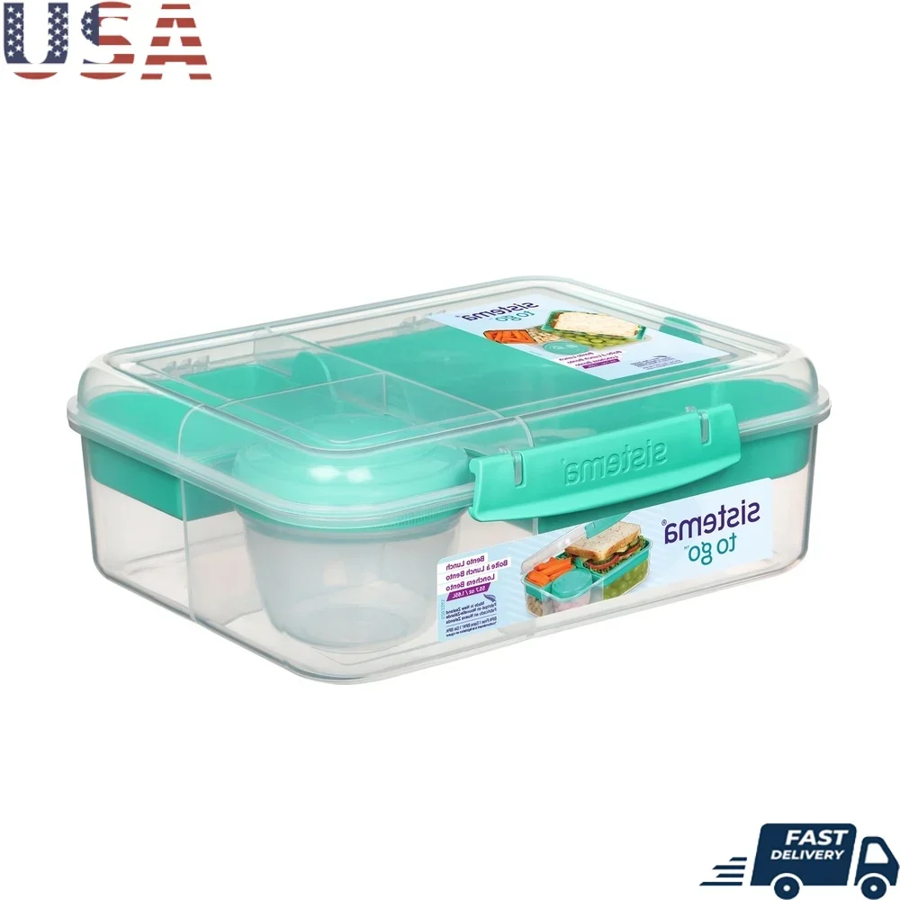

Plastic Bento Lunch Box with Yogurt Pot Microwave Safe Freezer Safe Stackable Easy Locking Clip Multiple Compartments Teal