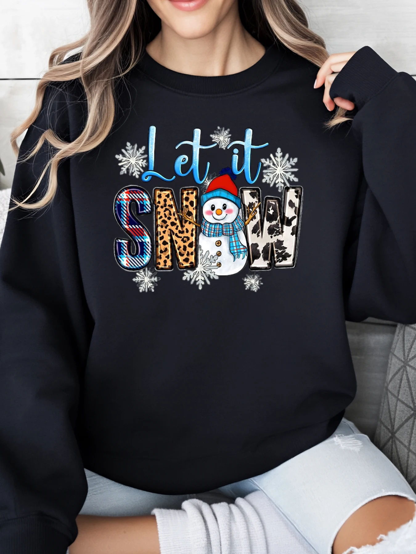 

Let It Snow Snowman клетчатый рождественский свитшот с леопардовым принтом, женская зимняя праздничная повседневная одежда черного цвета, большие размеры