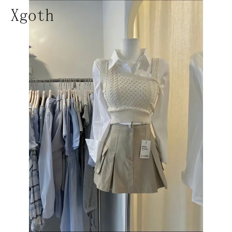 Women's Set Design Short Knitted Vest White Shirt High Waist Skirt High End Elegant Exquisite Three Piece/single Lady's Clothing