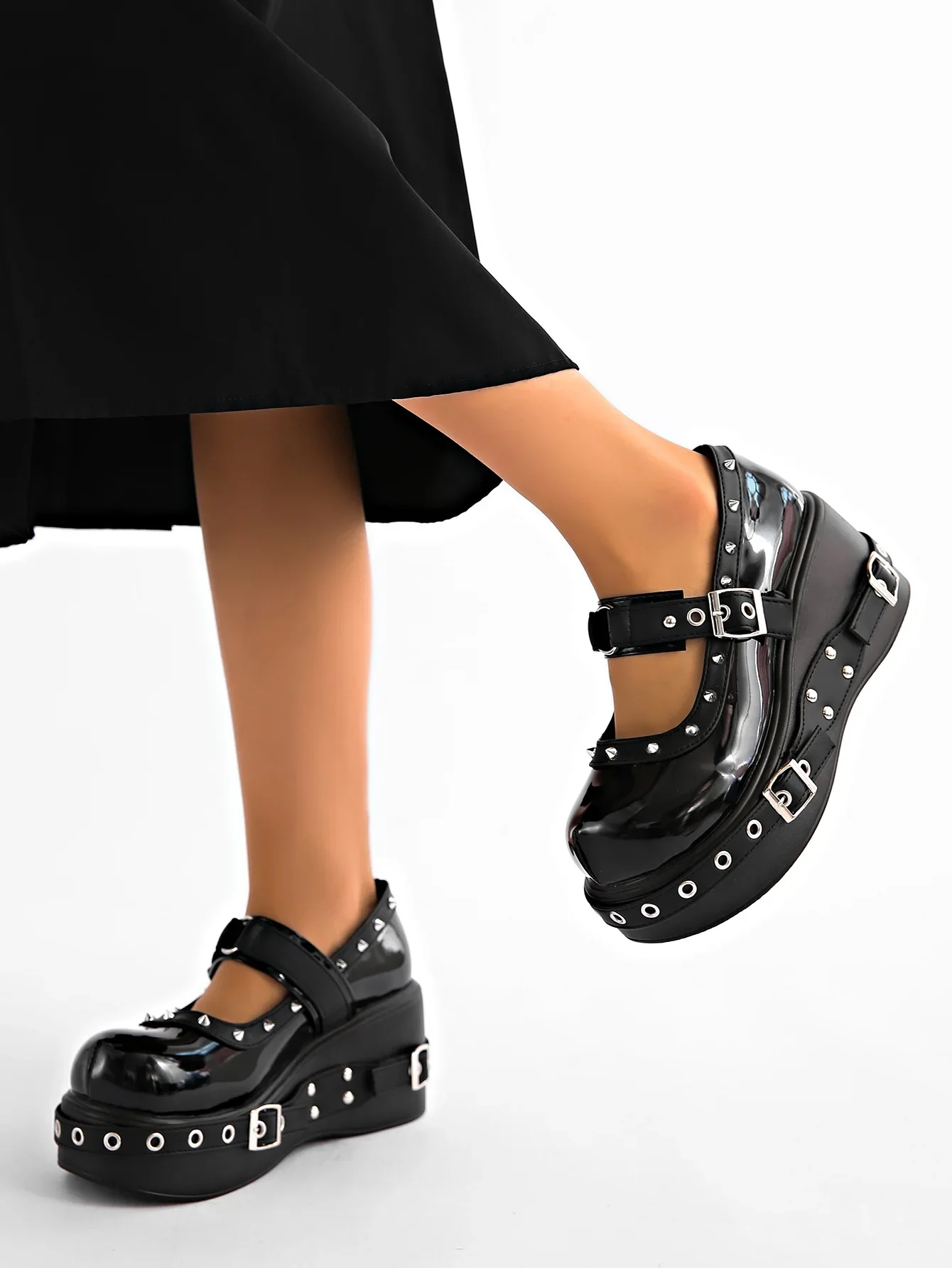 Damen Plus Size 35-42 Mary Jane Schuhe, Plateau T-Strap Pumps, Nietenbesetzte Schwarze Leder-Freizeitschuhe, Cosplayer Punk-Stil Schuhe – Detail 21