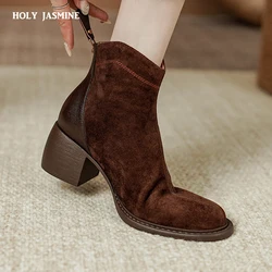 NEW Autumn/Winter Women Boots Round Toe Chunky Heel Boots Sheep Suede Leather Shoes for Women Retro Ankle Boots Botas De Mujer