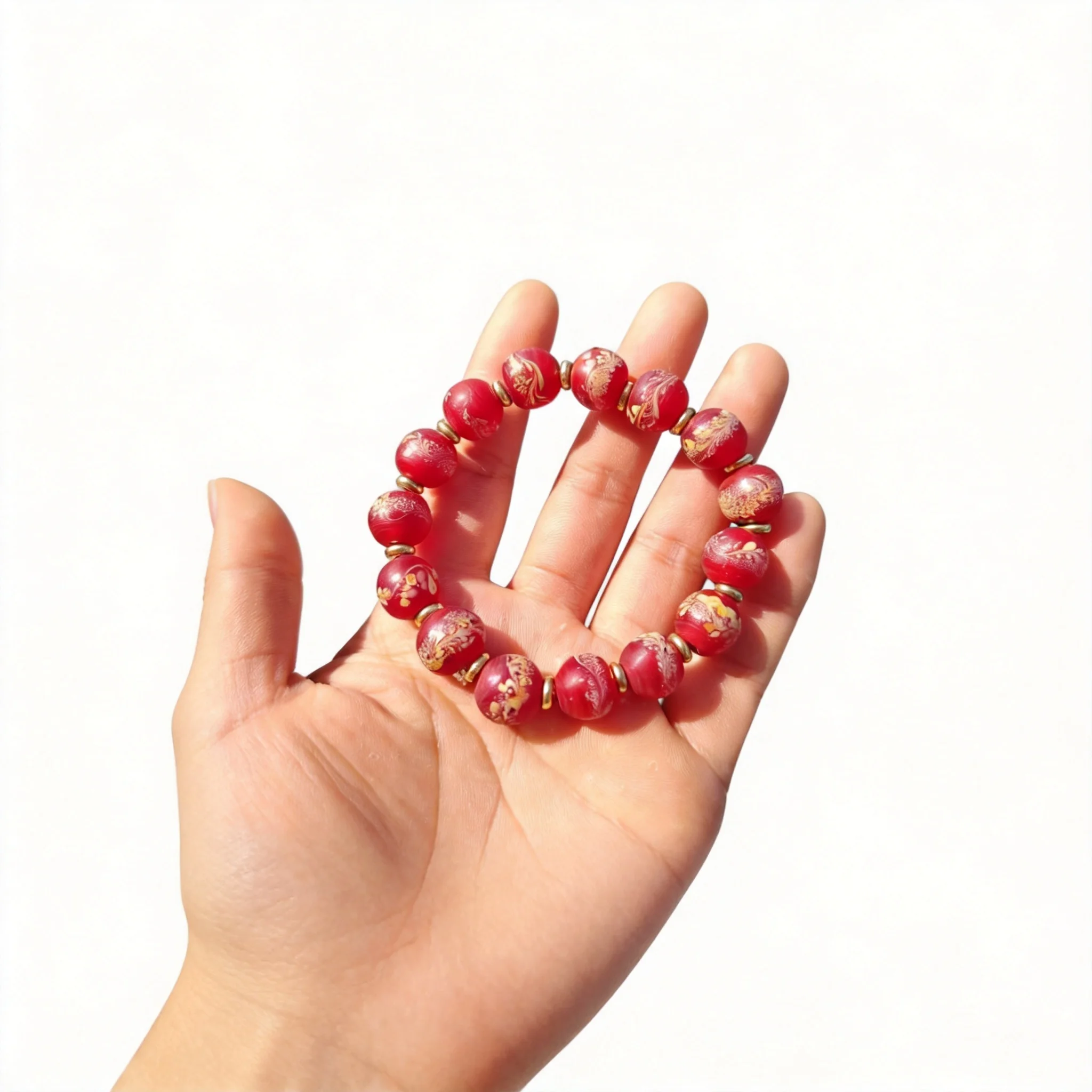 Unique Chinese Style Lucky Red Phoenix Tail Translucent Vintage Glass Beaded Bracelet 12mm 15 Beads Blessing Wealth Good Luck
