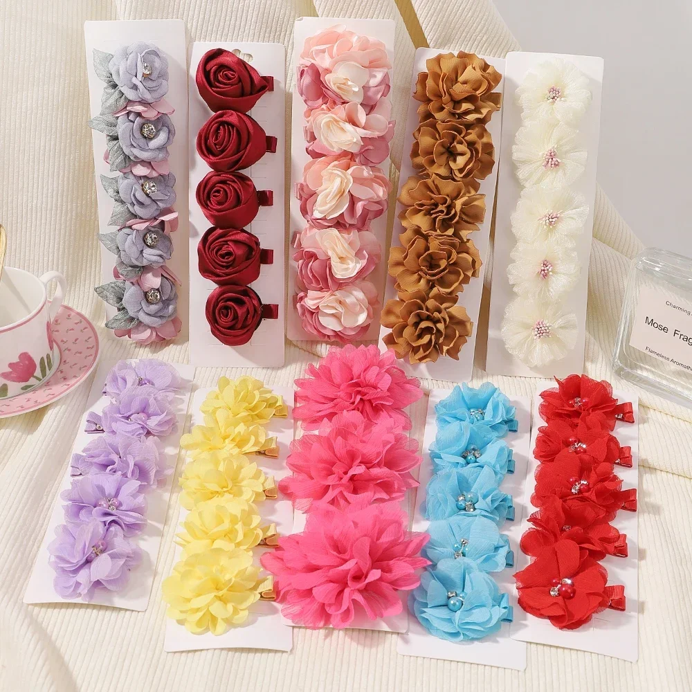 5/3pcs Kinder handgemachte Chiffon Blüten blätter Mohn Blume Haars pangen gerollt Rose Stoff Haar Blumen für Kinder Mädchen Haarschmuck