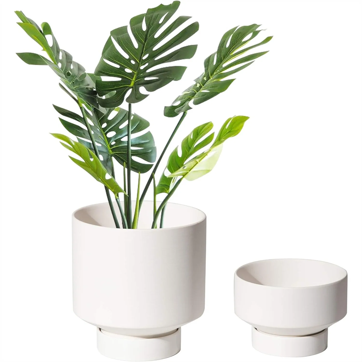 Ceramic Plant Pot for Indoor Plants with Drainage Hole and Saucer, 5.43 & 4.61 Inch, White, 2 Pack