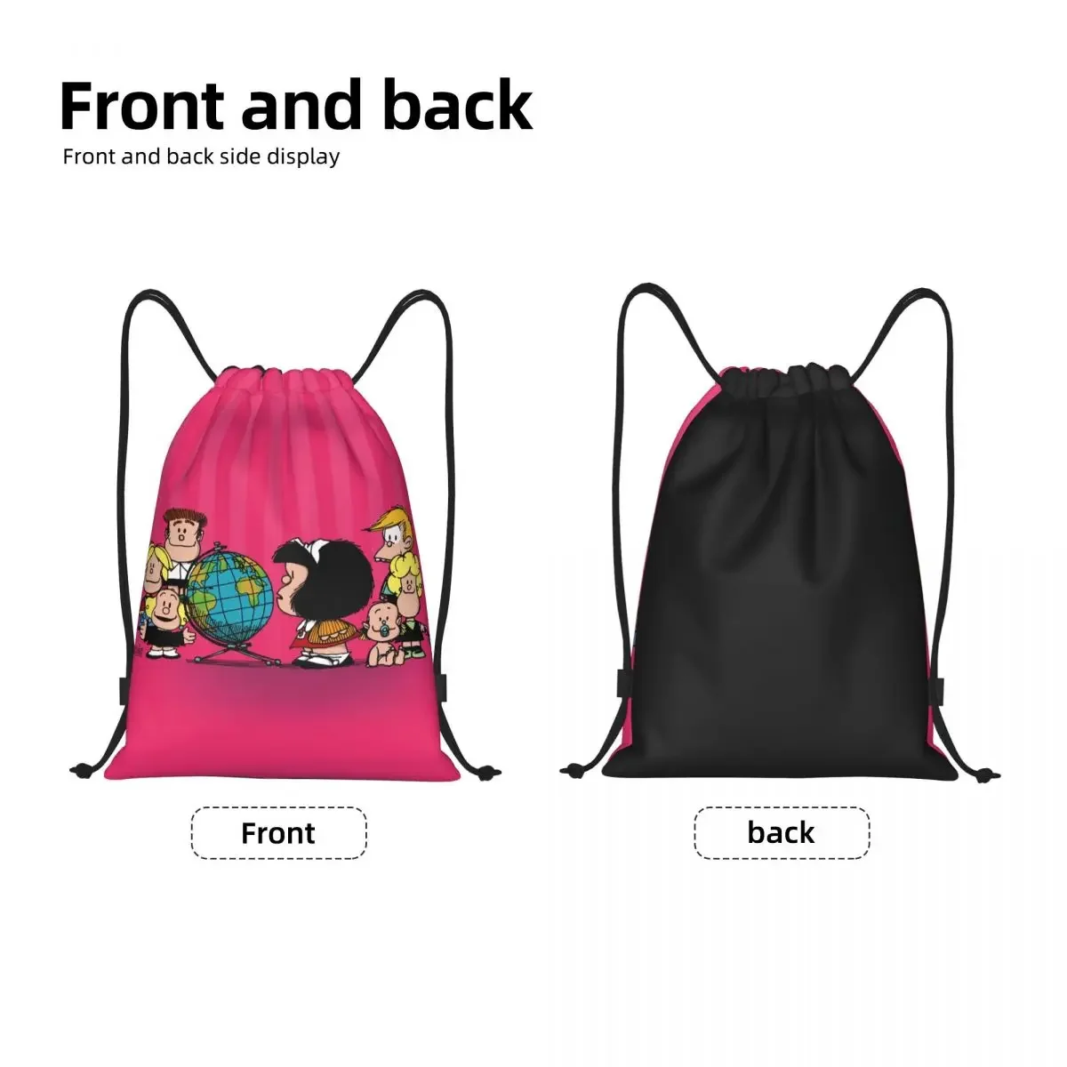 Mochila con cordón de Mafalda de dibujos animados Kawaii para hombres y mujeres, bolsa de entrenamiento plegable, saco deportivo para gimnasio