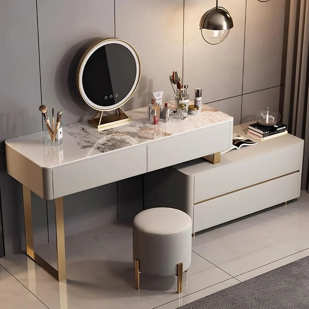 Makeup Vanity Table with Lighted Mirror, Vanity Desk with Slate Tabletop and Solid Wood Frame, 4 Drawers, Stool, Side Cabinet