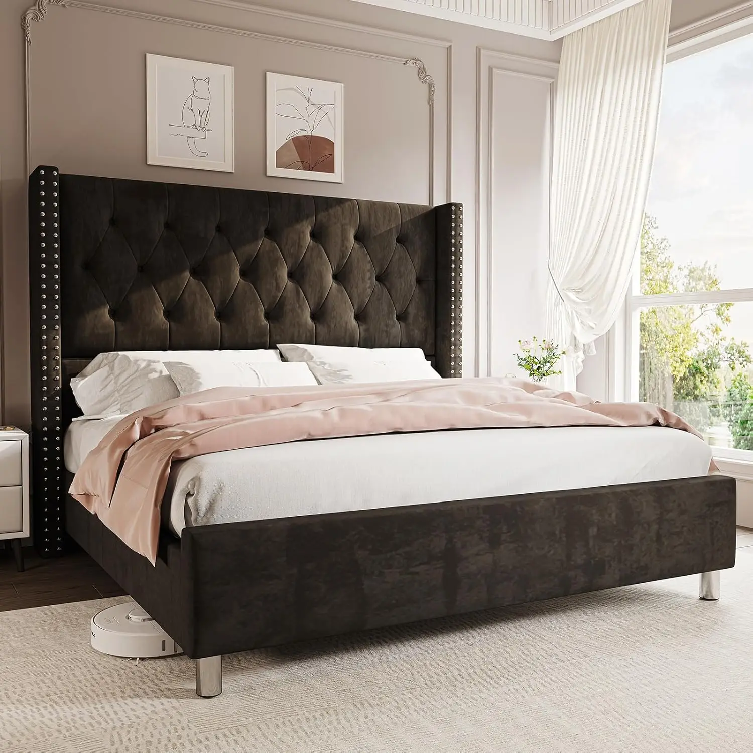 Marco de cama Queen, cama tapizada, cabecero con respaldo de ala, botón de diamante capitoné de terciopelo/no necesita somier/fácil montaje/negro