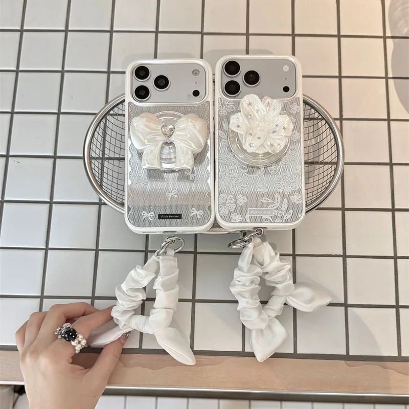 Luxury Pearl Bow Lace Wristband Phone Case For iPhone 17 16 15 Pro Max Cute 3D Flower Stand Holder White Cover Girls Gift New