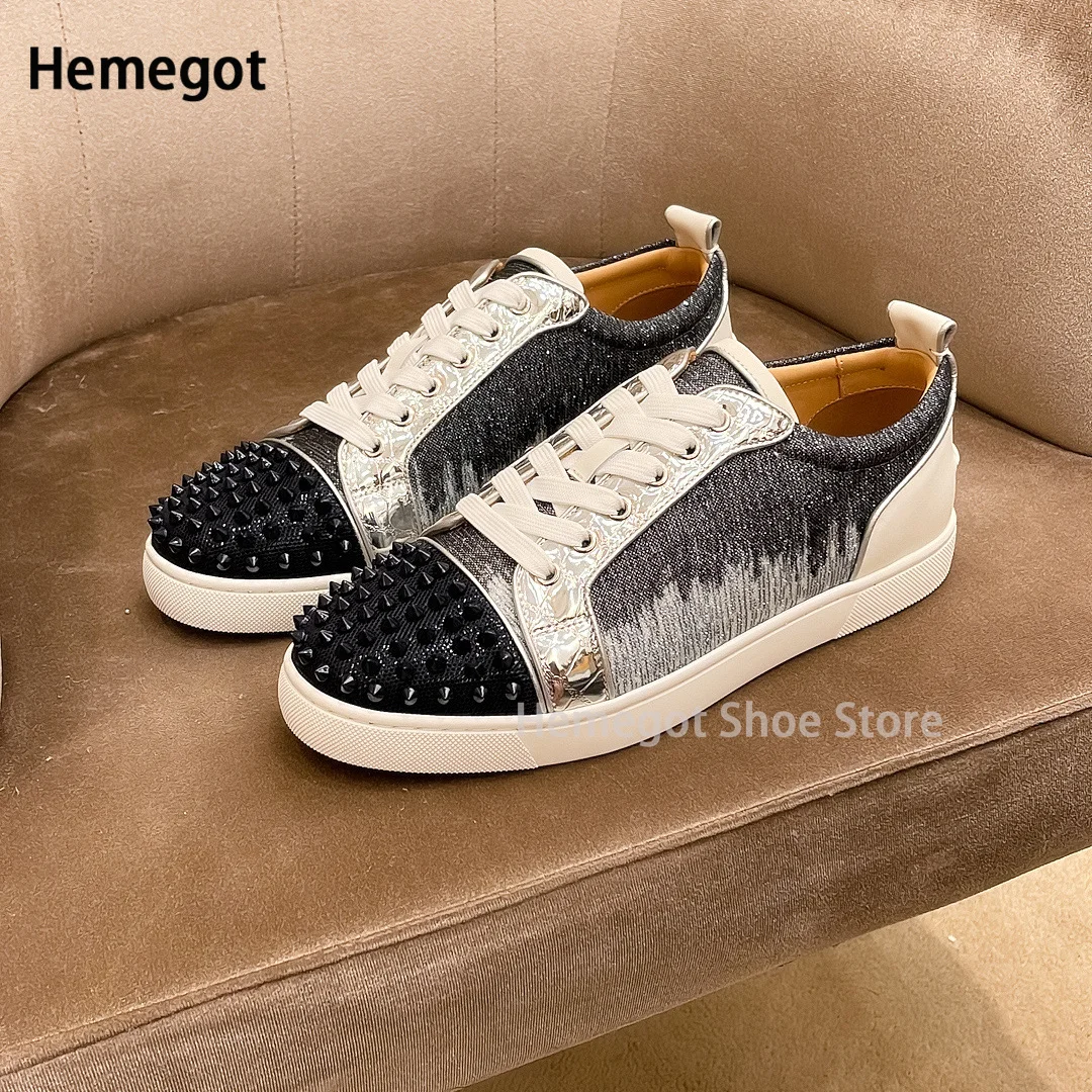 

Rivet Sequin Metal Low-Top Shoes Men's Lace-Up Gradual Color Leather Casual Sneakers Genuine Leather Spike Rivet Big Size Flats