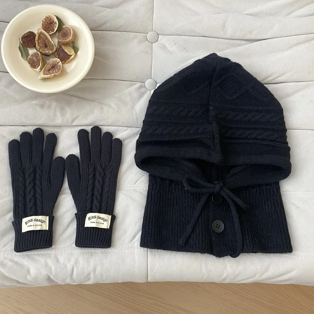 Korean Winter Hat and Glove Set for Women Warm Beanies Shawl Imitation Cashmere Knitted Soft Scarf Split Finger Pullover Hat