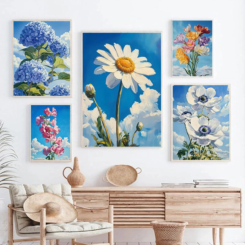 1pc frameless Canvas Painting Vintage Classic Flowers Garden Posters Farmhouse Carnation Hydrangea Macrophylla Prints Wall Pictu
