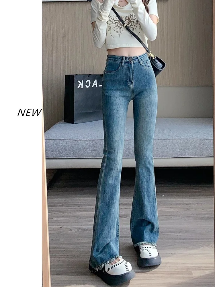 

High Waist Stretchy Micro Flared Denim Jeans Women's Spring Autumn New Small Size Versatile Slimming Frayed Hoof Pants