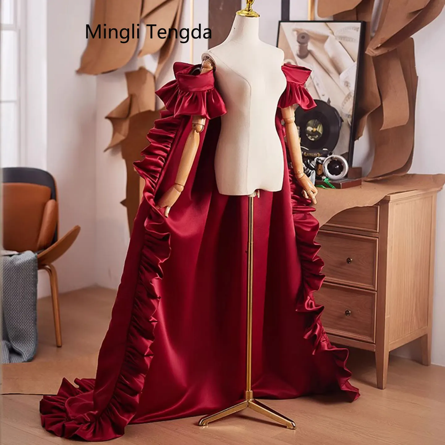 

Mingli Tengda Satin Train with Short Sleeves Wedding Bridal Detachable Wrap Accessories Women Cloak Bolero Lotus Leaf Edge Shawl