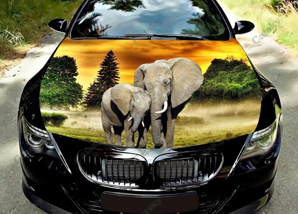 African Elephants Sunset Print Car Hood Vinyl Stickers Wrap Film Engine Decals Universal Auto Accessories Hood Protective Cover