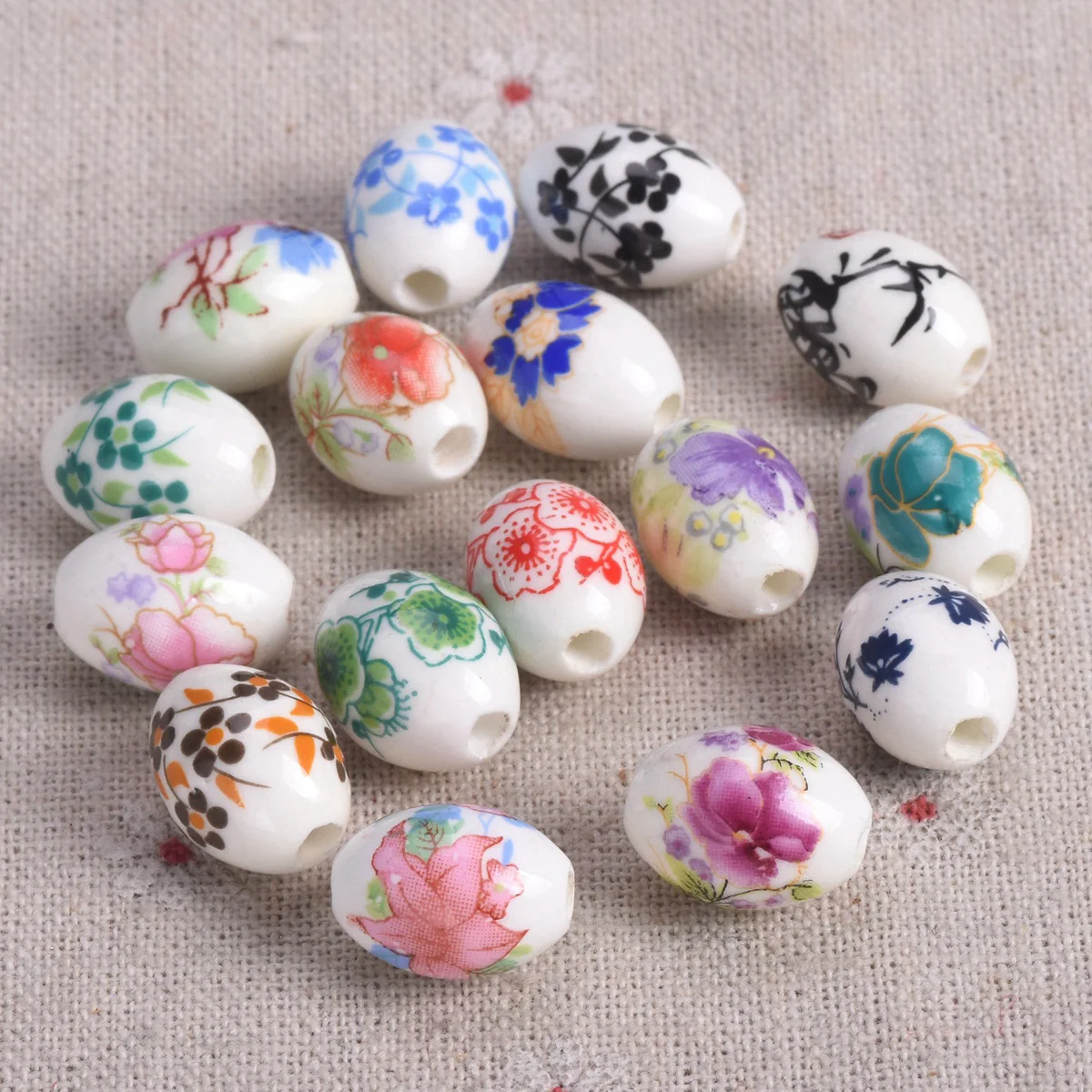 Cuentas sueltas de porcelana y cerámica, 10 piezas, 11x15mm, 13x18mm, patrones de flores, forma ovalada, joyería artesanal