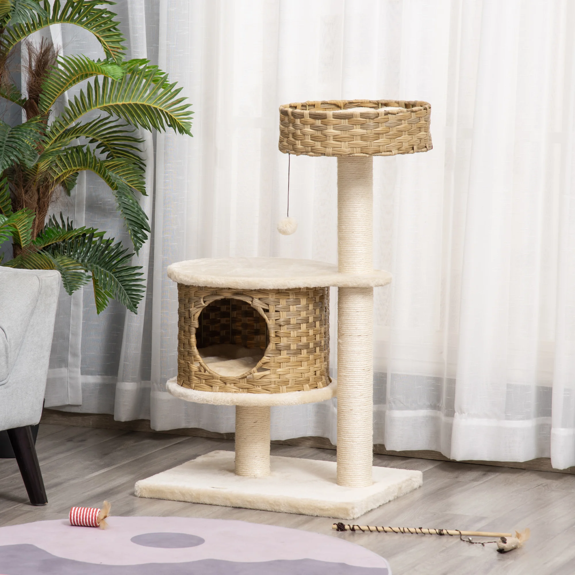 Poteau à gratter PawHut en rotin, arbre à chat, arbre à grimper avec grotte pour chat, hauteur 95 cm
