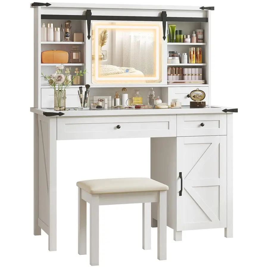 Farmhouse Vanity Desk with Mirror, Rustic Makeup Vanity Table with LED Lights, Cushioned Stool, 42 Inch Glass Tabletop, Drawers