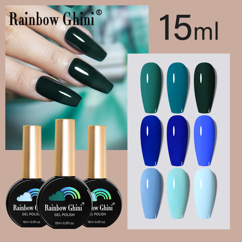 RG UV LED Gel Nail Polish 15ml Semi Permanent Varnish Supplies for Professional Manicure Top Base Coat Nail Gel Art Blue Green