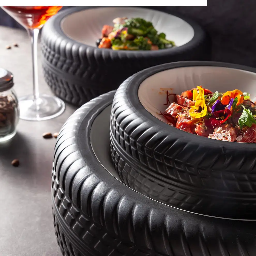 Bowl Ceramica Wheel Round Black Double Ceramic Deep Dish Kitchen Tableware Restaurant Decoration Serving Plate