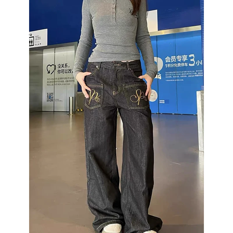 

ZHIZOU женские синие готические мешковатые джинсы Y2k Harajuku винтажные джинсовые брюки эстетический стиль 2000-х годов большие длинные джинсы брюки осень