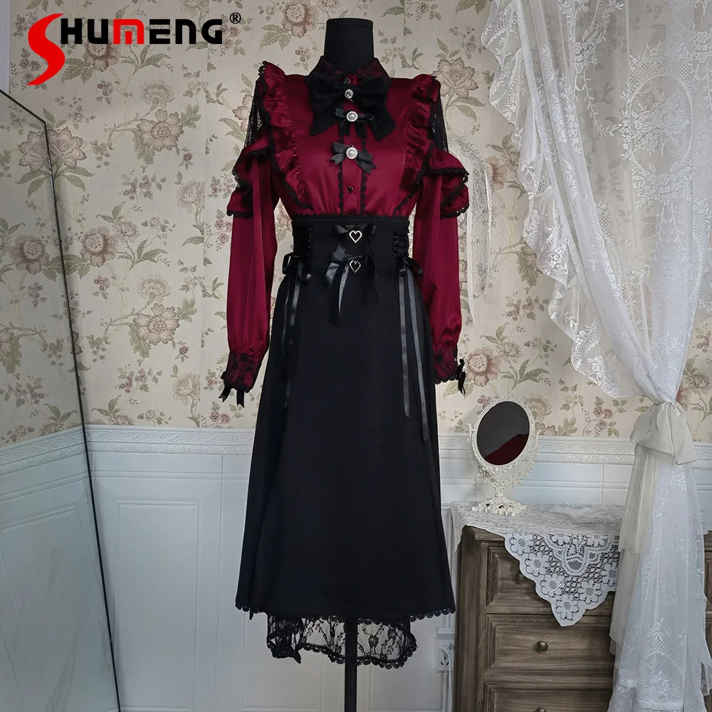 

Japanese Mine Style Gothic Subculture Lace Long Sleeve Bow Shirt High Waist Lace-up Slim A-line Black Skirt Two-piece Sets Women