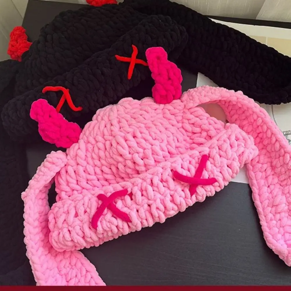 Elastic Knit Women's Warm Knitted Hat Thickened Soft Warm Little Devil Long Ears Cap Protection From Cold Pullover Hat