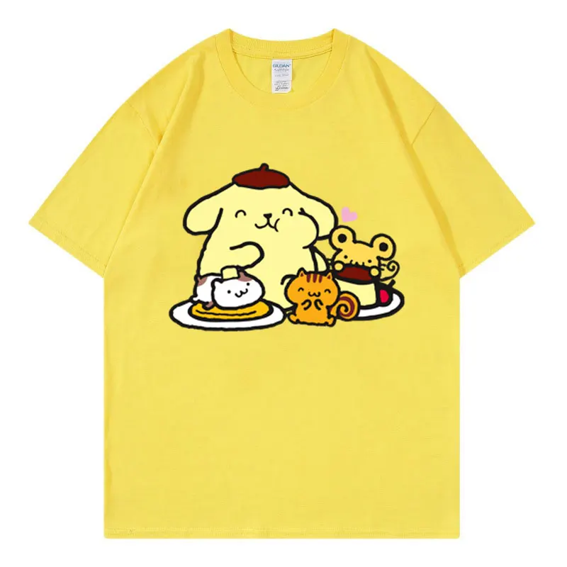 

Милая женская футболка с помпоном Purin, лето 2025 г., новая футболка с короткими рукавами из 100% хлопка с героями мультфильмов, топы, одежда для пар с героями мультфильмов аниме