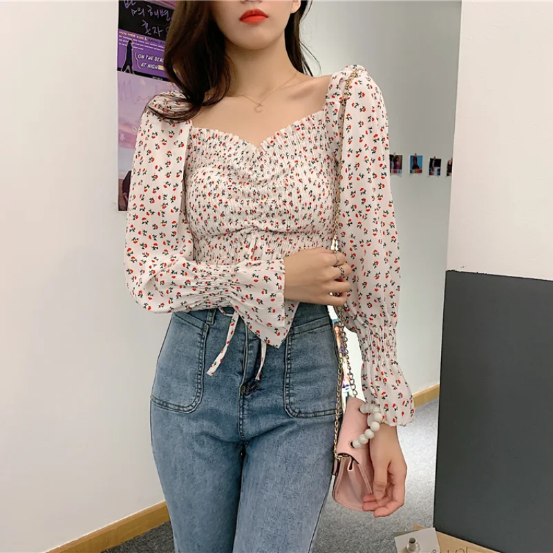 Blouses Women Elegant S-5XL Slim Floral Long Flare Sleeve Crop Tops Female Chiffon Low Cut Sexy Streetwear Off-shoulder Retro