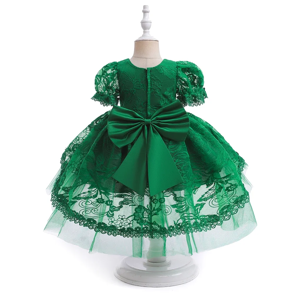 

Christmas Baby Girls Dresses For Puff Sleeve Toddler Kids Birthday Party Clothe Lace Embroidery Green Xmas New Year Vestidos