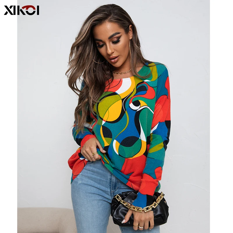 XIKOI Long Sleeve Women Casual Sweaters Pullover Loose Artsy Graphic Oversized Sweater Winter Clothes For Women Fashion 2022