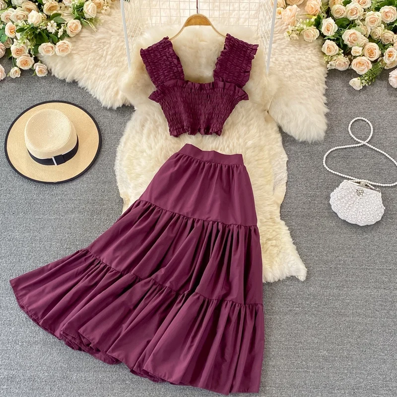

Faionable Mid-Length Over-Knee High-Waisted Slimming Cake f-Skirt Two-Piece Set ort Crop Top Belly-Baring Trendy Ensemble