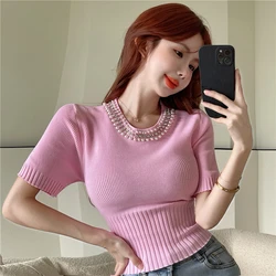 Nuovo 2022 Chic coreano moda t-shirt lavorate a maglia donna estate perla perline elegante Vintage Lady Short Pink Tops