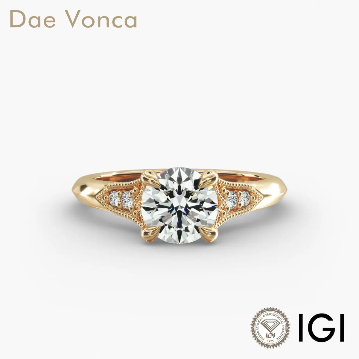 Vintage Sidestone Engagement Ring 9K/14K/18K Yellow Gold Brilliant Round Cut Lab Grown Diamond IGI Certified Diamond Ring