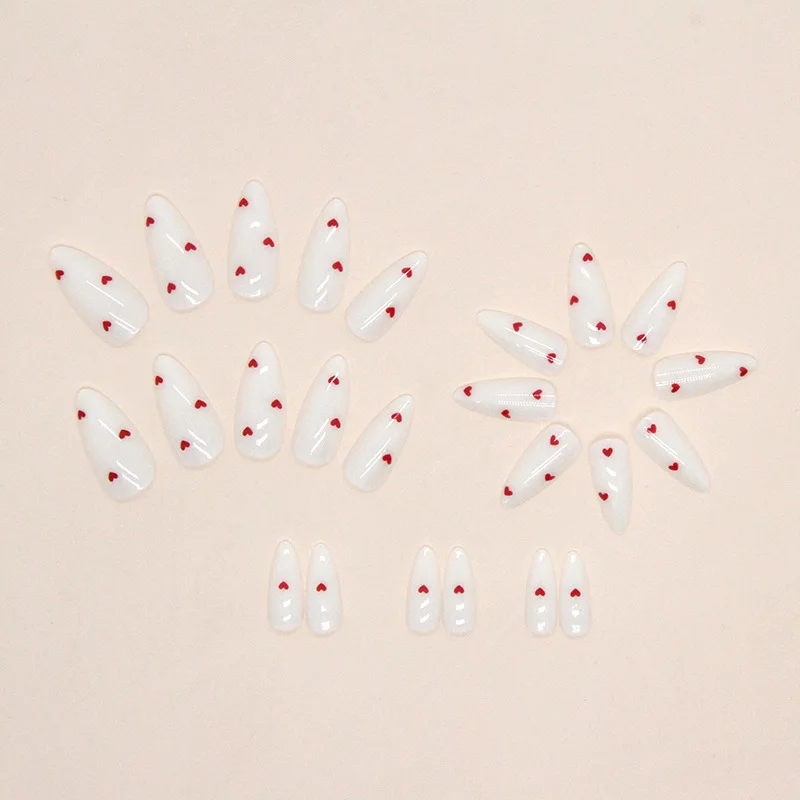 24 PCS Valentine's Day Almond Medium Press Nail White Valentine's Day Red Heart Design Fully Covered Nail image 2