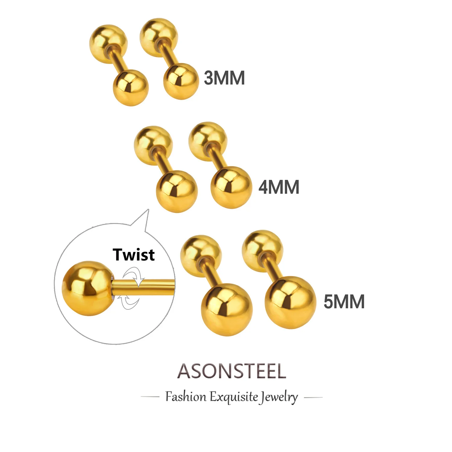 

ASONSTEEL 12Pairs/Lot Round Ball Screw Back Small Piercing Stud Earrings Gold Color Stainless Steel Fashion Jewelry Wholesale