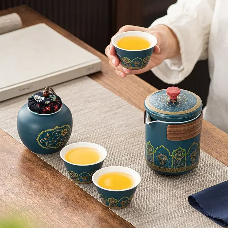 Travel Tea Set Portable Kung Fu Tea Set Ceramic Teapot Tea Canister Tea Cup Outdoor Quick Cup Tea Canister Leather Bag Packing