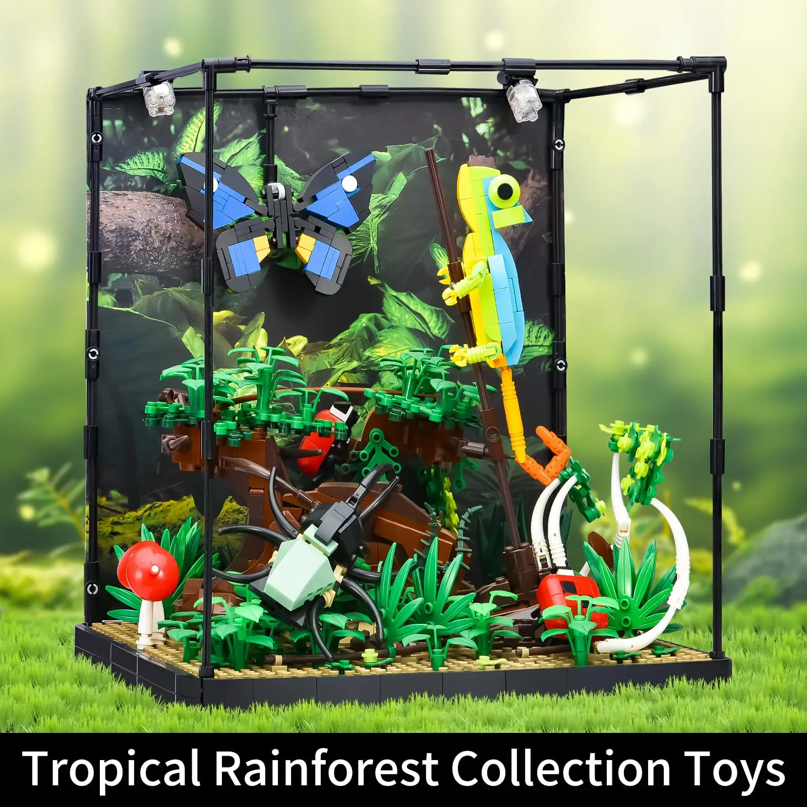 

1358 шт., креативная модель тропического леса MOC, хамелеон, бабочка, строительные блоки с освещением, декор для рабочего стола, игрушки, подарки для детей