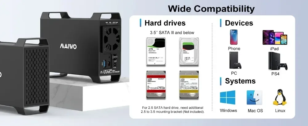 MAIWO 2-Bay-Raid-Gehäuse für 3,5-Zoll-SATA-Festplatten mit 4 Raid-Modi USB3.0-Festplattenadapter für 48TB Kapazität mit Kühlventilator – Detail 4