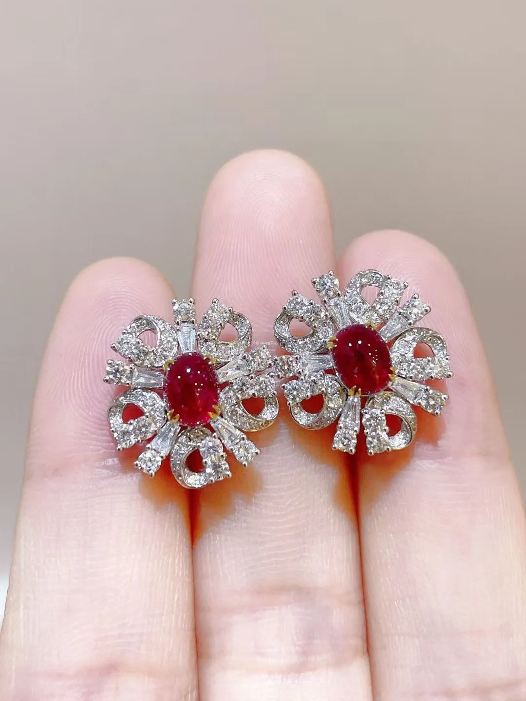 natural ruby stud earring 18K white gold with diamond flower genuine luxury fine women jewelry