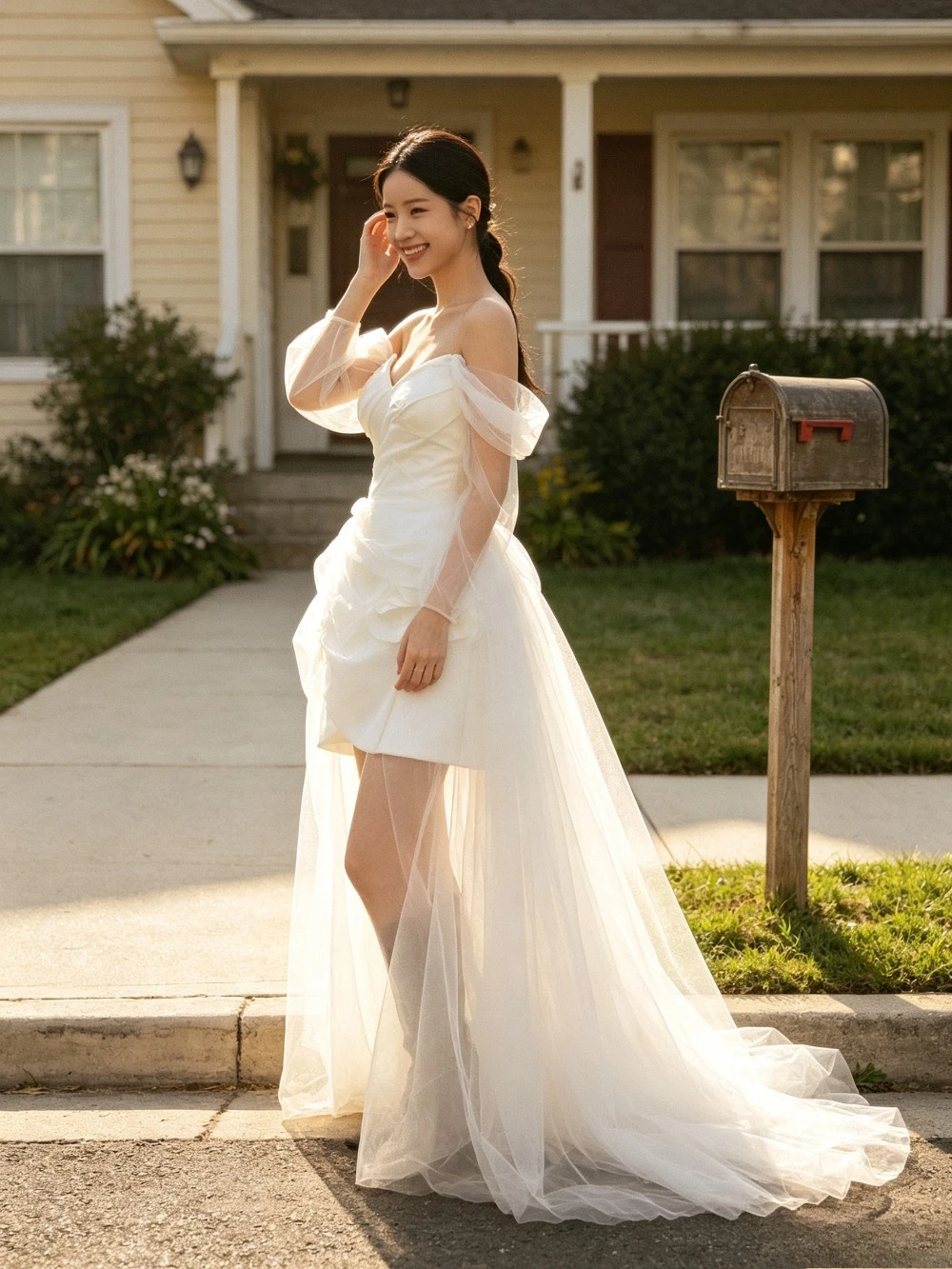 Customized Romantic Off Shoulder Satin Mini Wedding Dress 2026 Sheer Bow Details Playful Bridal Gown Suitable for Outdoor Wear