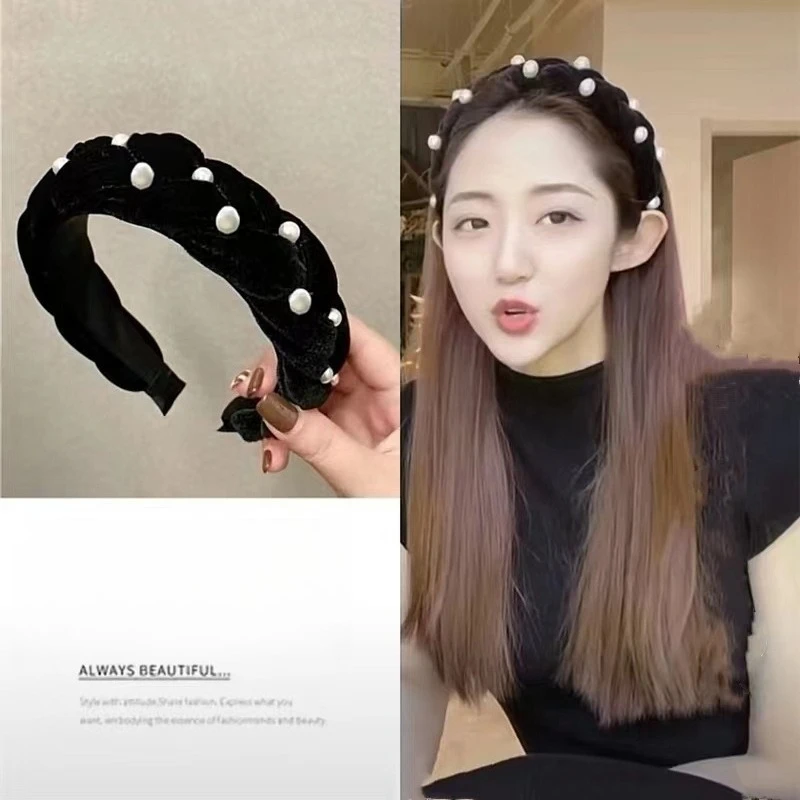 

Черная бархатная повязка на голову с жемчугом и плетеным узором, широкая, модная, элегантная, для женщин и девушек, на каждый день, для вечеринок, свадеб, аксессуар для волос, новинка